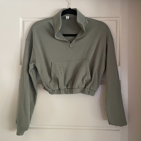 Tops - Women's Cropped Quarter Zip: Olive Green Size Small